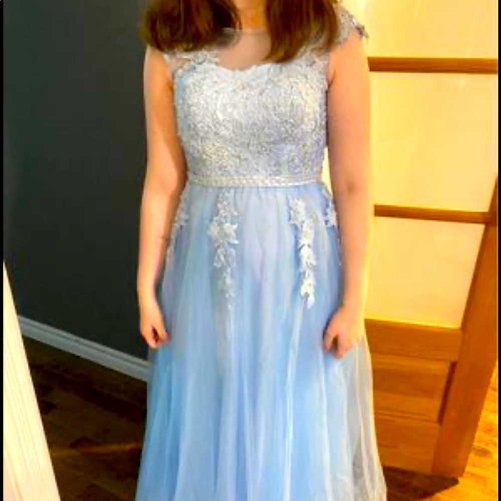 Formal Prom Floor-length Dress Baby Blue Pastel Lace Floral Beaded Corset Gown